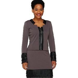 Knit Jacket with Faux Leather Fringe sleeves detail -Sz 14